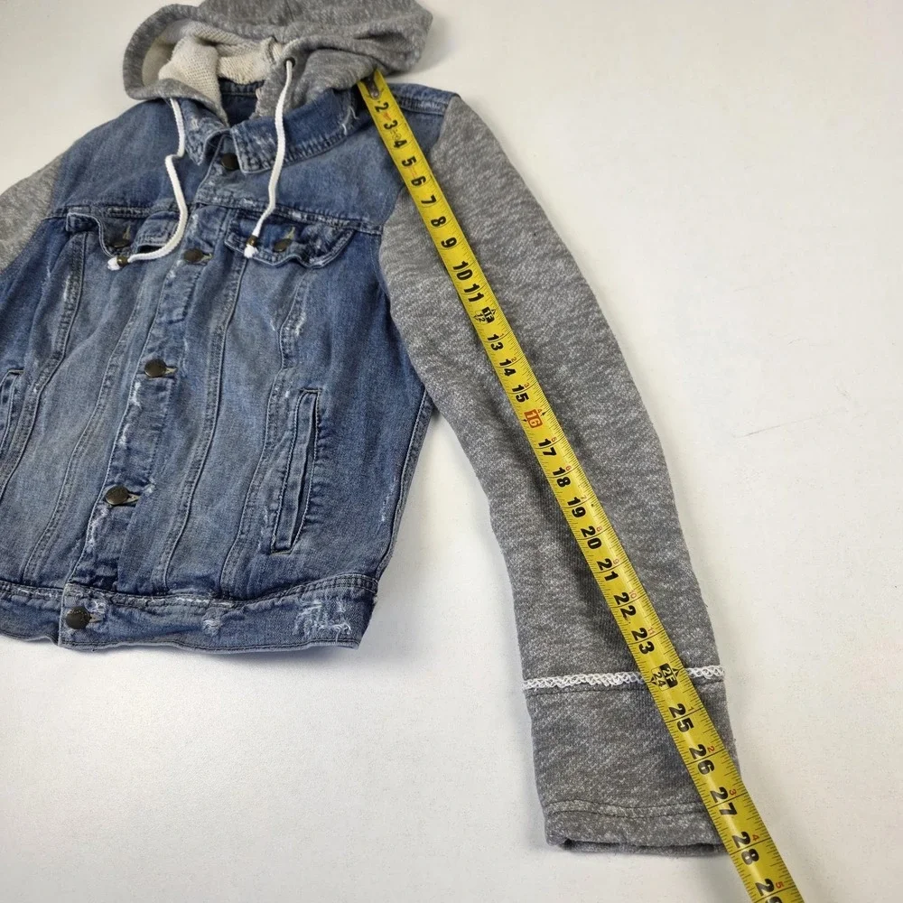 Free People Jacket Womens Large Blue Denim Hooded Sweatshirt Sleeve Button Front - Picture 7 of 13